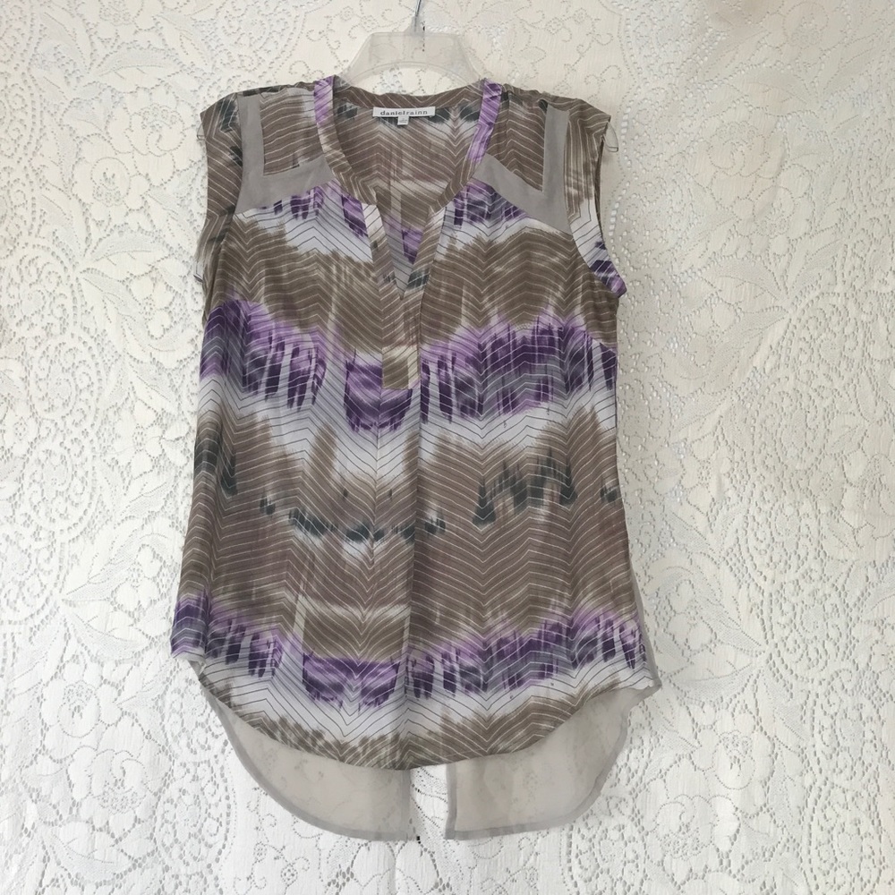 : Daniel Rainn Purple Olive Green Abstract High Low V-Neck Semi Sheer Tank Top